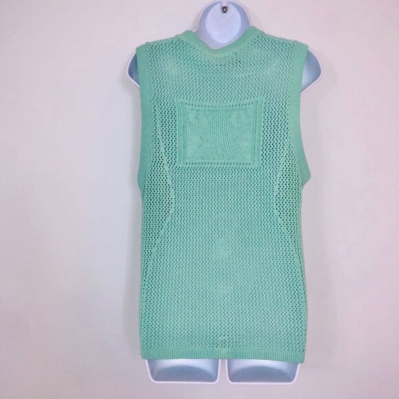 Vintage 80s Womens M Sweater Vest Mint Green Knit Button Down Cardigan Sleeveles - Picture 4 of 6